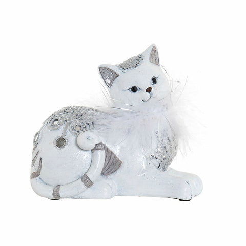 Deko-Figur DKD Home Decor 15 x 7,5 x 14 cm Silberfarben Weiß Harz Romantisch Katze