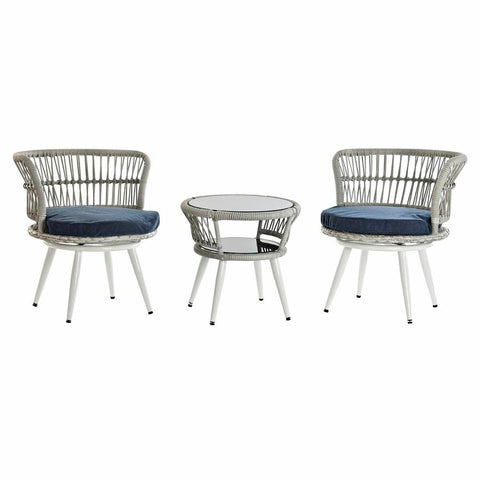 Tisch mit 2 Sesseln DKD Home Decor Kristall Blau Synthetischer Rattan Stahl Weiß (65 x 65 x 68 cm)
